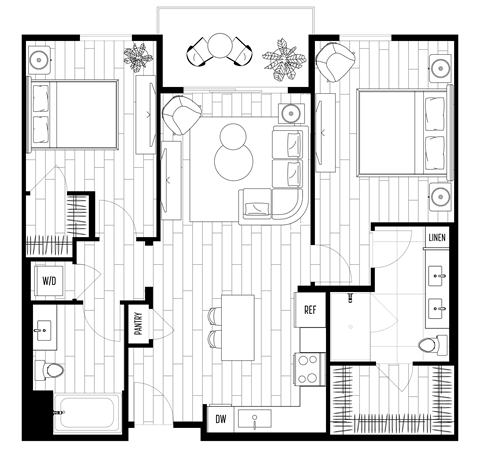 A black and white floor plan of a house with labeled rooms.